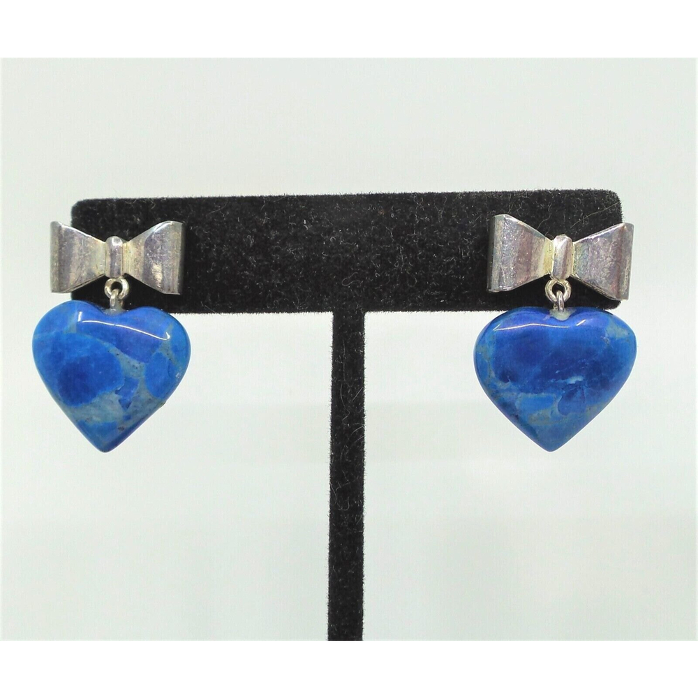 925 Sterling Silver Agate Marbled Puff Heart Bow Dangle Stud Earrings